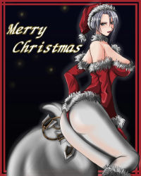 Rule 34 | 1041 (toshikazu), 1girl, ass, breasts, christmas, cleavage, hat, isabella valentine, large breasts, legs, leotard, living weapon, pantyhose, red leotard, santa costume, santa hat, silver hair, skin tight, solo, soul calibur, sword, thighs, thong leotard, transforming weapon, weapon, whip, whip sword, white pantyhose