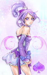 Rule 34 | 1girl, adapted costume, arm warmers, bad id, bad pixiv id, bare shoulders, bow, breasts, character name, choker, cure sword, dokidoki! precure, earrings, covered erect nipples, flat chest, hair ornament, hairclip, jewelry, kenzaki makoto, looking back, magical girl, ponytail, precure, purple eyes, purple hair, purple skirt, purple theme, ribbon, rin (rinco2), short hair, skirt, small breasts, solo, spade