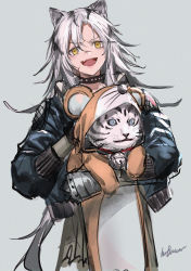 Rule 34 | 1girl, animal, animal costume, animal ears, arknights, bell, choker, costume, fang, hair between eyes, highres, holding, holding animal, indra (arknights), infukun, jacket, long hair, looking at viewer, mouse costume, open clothes, open mouth, scar, scar on face, scar on nose, shirt, sidelocks, smile, solo, tiger, very long hair, white hair, yellow eyes