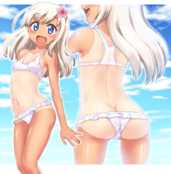 Rule 34 | 1girl, ass, back, bare shoulders, bikini, blue eyes, blue sky, butt crack, cloud, cowboy shot, day, flower, frilled bikini, frills, from behind, hair between eyes, hair flower, hair ornament, hase yu, kantai collection, long hair, multiple views, one-piece tan, outdoors, ro-500 (kancolle), sky, smile, standing, swimsuit, tan, tanline, white hair
