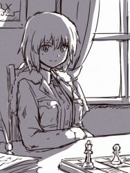 Rule 34 | 1girl, board game, chair, chess, chess piece, coat, curtains, desk, fur trim, huberta von bonin, indoors, long sleeves, shibasaki shouji, short hair, sitting, smile, solo, strike witches, window, world witches series