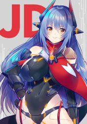 Rule 34 | 1girl, android, blush, breasts, covered navel, garter straps, gloves, highleg, highleg leotard, himeno345, joints, large breasts, leotard, long hair, looking at viewer, nintendo, orange eyes, poppi (xenoblade), poppi qtpi (xenoblade), purple hair, robot joints, scarf, simple background, smile, solo, spoilers, thighhighs, xenoblade chronicles (series), xenoblade chronicles 2, yellow eyes