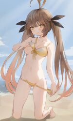 1girl antenna_hair beach bikini bikini_top_lift blue_sky breasts brown_hair cleavage closed_mouth clothes_lift cloud cloudy_sky commentary day english_commentary girls&#039;_frontline highres kneeling lemures lifting_own_clothes long_hair looking_at_viewer m14_(girls&#039;_frontline) medium_breasts navel ocean outdoors sand sidelocks sky solo swimsuit twintails yellow_bikini yellow_eyes