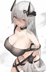 Rule 34 | 1girl, absurdres, arknights, bare shoulders, black gloves, blush, bottomless, breasts, cleavage, collar, cowboy shot, gloves, grey hair, hair between eyes, hair ornament, highres, horns, infection monitor (arknights), large breasts, long hair, looking at viewer, material growth, mudrock (arknights), nose blush, open mouth, oripathy lesion (arknights), otsumami (02mami), pointy ears, red eyes, simple background, solo, strap slip, sweat, very long hair, white background
