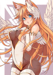 Rule 34 | 1girl, angel, angel wings, animal ears, arms at sides, ass, blonde hair, blue eyes, blush, bodysuit, breasts, cleavage, cowboy shot, crotch seam, elbow gloves, feathered wings, gloves, hair between eyes, hands on own chest, head wings, highres, large breasts, leotard, long hair, looking at viewer, maru-pen, original, parted lips, solo, thighhighs, thighs, very long hair, white gloves, white leotard, white wings, wings