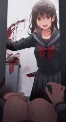 Rule 34 | 2girls, black sailor collar, black serafuku, black skirt, blood, blood on clothes, blood on face, bow, brown hair, collarbone, commentary, hair bow, highres, holding, holding knife, knife, long sleeves, looking at viewer, multiple girls, open mouth, original, pleated skirt, pov, red eyes, sailor collar, school uniform, serafuku, short hair, skirt, unjem, white bow