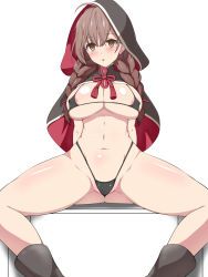 Rule 34 | 1girl, :o, ahoge, bikini, bikini top only, blush, boots, braid, breasts, brown eyes, brown hair, cameltoe, capelet, covered erect nipples, embarrassed, female focus, gluteal fold, groin, highres, hood, hoodie, kantai collection, large breasts, legs, lettucerice, light blush, long hair, looking at viewer, micro bikini, navel, parted lips, pussy, shinshuu maru (kancolle), simple background, sitting, solo, spread legs, swimsuit, thighs, thong, twin braids, white background