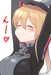 Rule 34 | 1girl, ahenn, arms up, blonde hair, blush, breasts, closed eyes, hair between eyes, hat, heart, kantai collection, large breasts, long hair, long sleeves, low twintails, military, military hat, military uniform, peaked cap, prinz eugen (kancolle), simple background, smile, solo, twintails, twitter username, uniform, upper body, white background