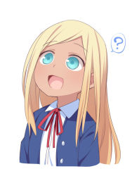 Rule 34 | 1girl, :d, ?, bad id, bad pixiv id, blazer, blonde hair, blue eyes, blue jacket, collared shirt, commentary request, dark-skinned female, dark skin, idolmaster, idolmaster cinderella girls, jacket, layla (idolmaster), long hair, looking away, looking up, neck ribbon, open clothes, open jacket, open mouth, parted bangs, red ribbon, ribbon, shirt, simple background, smile, solo, spoken question mark, uccow, very long hair, white background, white shirt