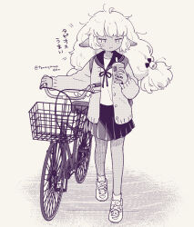 Rule 34 | 1girl, :t, animal ears, bell, bicycle, bicycle basket, bow, bubble tea, cardigan, closed mouth, cup, disposable cup, drinking straw, full body, hair bell, hair bow, hair ornament, hands up, holding, holding cup, horizontal pupils, long hair, long sleeves, low twintails, monochrome, neck ribbon, open cardigan, open clothes, original, pleated skirt, ribbon, sailor collar, school uniform, serafuku, sheep ears, sheep girl, shoes, skirt, sneakers, socks, solo, terayamaden, translation request, twintails, twitter username, walking, walking bike