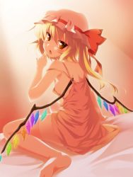 Rule 34 | 1girl, arm support, back, bare shoulders, bed, blonde hair, blush, breasts, chemise, embodiment of scarlet devil, feet, female focus, flandre scarlet, hat, highres, hinohoshi ataru, looking back, nightgown, open mouth, red eyes, sany, side ponytail, sideboob, sitting, small breasts, solo, strap slip, thighhighs, touhou, wariza, white thighhighs, wings