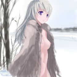 Rule 34 | 00s, 1girl, blonde hair, blue hair, breasts, coat, eila ilmatar juutilainen, fur coat, long hair, navel, nipples, open clothes, open shirt, purple eyes, shikkaku, shirt, small breasts, snow, solo, strike witches, winter, world witches series