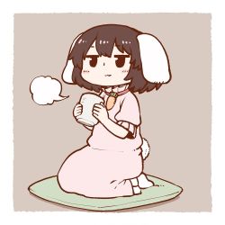 Rule 34 | 1girl, :3, animal ears, black eyes, blush stickers, breath, brown background, brown hair, carrot necklace, chibi, cup, full body, holding, inaba tewi, jitome, necklace, on pillow, pillow, pink shirt, pink skirt, poronegi, puffy short sleeves, puffy sleeves, rabbit ears, seiza, shirt, short sleeves, simple background, sitting, skirt, smile, socks, solo, touhou, white socks