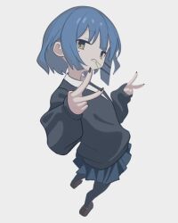 Rule 34 | 1girl, atat250, bad id, bad twitter id, blue hair, blue skirt, bocchi the rock!, double v, full body, grey background, hair ornament, loafers, long sleeves, looking at viewer, mole, mole under eye, mouth hold, open mouth, pantyhose, pleated skirt, school uniform, shirt, shoes, short hair, simple background, skirt, solo, standing, sweater, v, yamada ryo, yellow eyes