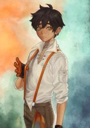 Rule 34 | 1boy, bandages, brown hair, closed mouth, fishiebug, freckles, gloves, green eyes, hair between eyes, looking to the side, male focus, messy hair, orange gloves, oscar pine, rag, rwby, shirt, sleeves rolled up, solo, suspenders, tan, thick eyebrows, white shirt