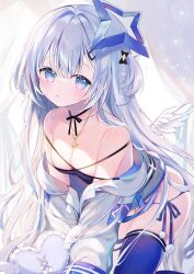 Rule 34 | 1girl, all fours, alternate breast size, amane kanata, amane kanata (work), ame usari, bare shoulders, blue eyes, blue thighhighs, blush, breasts, cleavage, collarbone, commentary request, curtains, feathered wings, grey hair, hair between eyes, hair ornament, hairclip, highres, hololive, hood, hood down, hooded jacket, jacket, jewelry, long hair, long sleeves, looking at viewer, medium breasts, mini wings, off shoulder, one side up, open clothes, open jacket, parted lips, pendant, sleeves past fingers, sleeves past wrists, solo, thighhighs, very long hair, virtual youtuber, white jacket, white wings, wings
