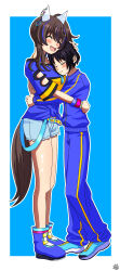 Rule 34 | 2girls, absurdres, animal ears, bead bracelet, beads, blue background, blue hair, blue shirt, boots, border, bracelet, breasts, brown hair, collarbone, color neko (user yfvc3323), colored inner hair, commentary request, commission, contrapposto, daitaku helios (umamusume), ear covers, ear piercing, facial tattoo, fang, fingernails, full body, hair between eyes, hair ornament, hairclip, highres, horse ears, horse girl, horse tail, hug, jewelry, medium breasts, medium hair, multicolored hair, multiple girls, necklace, open mouth, outside border, piercing, pixiv commission, racing colors, shirt, shoes, shorts, smile, standing, streaked hair, striped clothes, striped shirt, tail, tattoo, umamusume, white border, white shorts