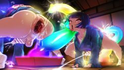 Rule 34 | 1futa, after anal, anal, anal object insertion, ass, blue hair, blue kimono, blunt bangs, bob cut, breasts, censored, colored inner hair, cum, dildo, dildo reveal, ejaculating while penetrated, ejaculation, erection, extreme gaping, futanari, gaping, highres, indoors, japanese clothes, kimono, long sleeves, multicolored hair, multiple views, newhalf, obi, object insertion, open mouth, original, penis, perineum, projectile cum, purple hair, red eyes, rolling eyes, sash, sex toy, short hair, sliding doors, socks, testicles, tetsuwan woopie, tongue, tongue out, white socks