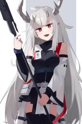Rule 34 | 1girl, arknights, black thighhighs, blush, breasts, feet out of frame, grey hair, highres, hinami047, holding, holding polearm, holding weapon, horns, id card, long hair, looking at viewer, matoimaru (arknights), medium breasts, open mouth, pointy ears, polearm, red eyes, simple background, smile, solo, standing, thighhighs, turtleneck, very long hair, weapon