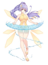 Rule 34 | 1girl, bare legs, bare shoulders, breasts, clothing cutout, commentary, commentary request, crescent, crescent hair ornament, date a live, flower, full body, hair flower, hair ornament, highres, instrument, izayoi miku, keyboard (instrument), light purple hair, long hair, looking at viewer, medium breasts, midriff, music, navel, navel cutout, neps-l, one-piece swimsuit, playing instrument, ponytail, purple eyes, purple hair, sandals, simple background, smile, solo, swimsuit, thigh gap, very long hair, water, white background, yellow one-piece swimsuit