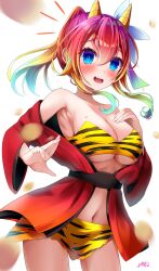 Rule 34 | 1girl, alternate costume, alternate hairstyle, animal print, aqua hair, bare shoulders, beans, blonde hair, blue eyes, blurry, blush, breasts, cleavage, commentary request, cowboy shot, demon girl, demon horns, depth of field, eyelashes, fang, fusen haru, gradient hair, hair between eyes, hands up, highres, horns, japanese clothes, kimono, large breasts, long sleeves, looking at viewer, medium hair, multicolored hair, navel, nervous, nervous smile, no game no life, notice lines, oni, open clothes, open kimono, pink hair, ponytail, red hair, red kimono, sash, sidelocks, signature, smile, solo, stephanie dora, sweatdrop, tiger print, wide sleeves