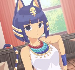 Rule 34 | animal crossing, animal ears, ankha (animal crossing), bare shoulders, black eyes, blue hair, blunt bangs, bracelet, breasts, cat ears, cat girl, cat tail, commentary, dark-skinned female, dark skin, egyptian clothes, expressionless, gold, hair ornament, highres, humanization, indoors, jewelry, looking at viewer, medium breasts, nintendo, patrick fche, shirt, short hair, signature, sitting, sleeveless, sleeveless shirt, snake hair ornament, spanish commentary, striped tail, tail, twitter username, usekh collar, white shirt, window