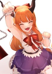 Rule 34 | 1girl, :d, arm up, armpits, blunt bangs, blurry, bow, bowtie, chain, clenched hands, closed eyes, cuffs, depth of field, eyebrows hidden by hair, foreshortening, from above, happy, highres, ibuki suika, majime joe, open mouth, orange hair, purple skirt, red bow, red bowtie, shackles, simple background, skirt, smile, solo, torn clothes, touhou, white background
