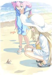Rule 34 | 2girls, beach, bikini, blue archive, blue jacket, bracelet, breasts, brown hair, cleavage, crab, eyewear on head, feet, green eyes, hands on own knees, hat, heterochromia, highres, hoshino (blue archive), hoshino (swimsuit) (blue archive), jacket, jewelry, large breasts, legs, long hair, low twintails, multiple girls, nonomi (blue archive), nonomi (swimsuit) (blue archive), open mouth, outdoors, pink hair, sandals, sleeves past wrists, smile, squatting, sun hat, sunglasses, swimsuit, thighs, toes, twintails, very long hair, wasabi60, white headwear, white jacket, yellow bikini