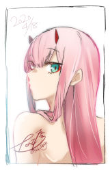 Rule 34 | 1girl, 2020, aqua eyes, darling in the franxx, dated, from behind, highres, horns, long hair, looking at viewer, looking back, makeup, mascara, nakoya (nane cat), nude, pink hair, signature, sketch, solo, straight hair, twitter username, upper body, white background, zero two (darling in the franxx)