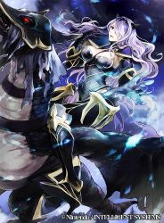 Rule 34 | 1girl, armor, book, boots, breasts, bustier, camilla (fire emblem), cleavage, company name, dragon, energy, fire emblem, fire emblem cipher, fire emblem fates, gauntlets, gloves, glowing, glowing eyes, hair over one eye, high heel boots, high heels, highres, large breasts, lips, long hair, magic, marzia (fire emblem if), nintendo, official art, open mouth, purple eyes, purple hair, red eyes, sharp teeth, solo, teeth, thigh boots, thighhighs, very long hair, wadadot lv, wavy hair, wyvern