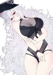 Rule 34 | 1girl, absurdres, alternate costume, azur lane, black one-piece swimsuit, breasts, clothing cutout, eyebrows hidden by hair, graf zeppelin (azur lane), graf zeppelin (beachside urd) (azur lane), hair between eyes, hat, hatski.sin, highres, holding own arm, large breasts, long hair, looking at viewer, lying, messy hair, navel, official alternate costume, on back, one-piece swimsuit, peaked cap, red eyes, sidelocks, simple background, solo, stomach, stomach cutout, swimsuit, very long hair, white background, white hair, wristband