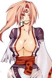 Rule 34 | 1girl, amputee, arc system works, baiken, breasts, butamukituneko, cleavage, facepaint, guilty gear, huge breasts, japanese clothes, jpeg artifacts, kimono, large breasts, obi, one-eyed, one eye closed, open clothes, open kimono, pink eyes, pink hair, sash, scar, scar across eye, scar on face, solo, tattoo, wide hips, wink