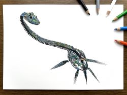 Rule 34 | abe yuichiro, absurdres, art tools in frame, colored pencil (medium), commentary request, dinosaur, highres, no humans, opal (gemstone), original, photo (medium), plesiosaur, shadow, simple background, skeleton, traditional media, white background