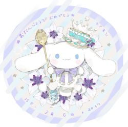 Rule 34 | :3, blue eyes, blush stickers, bow, cinnamoroll, dated, flower, full body, gem, hair ornament, happy birthday, highres, looking at viewer, nishihara isao, no humans, sanrio, smile, solo, translated