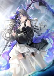 Rule 34 | 1girl, absurdres, amatsuji, arknights, black dress, black hair, blue eyes, blue hair, cowboy shot, dress, dutch angle, garter straps, grey sky, hair between eyes, highmore (arknights), highres, holding, holding scythe, holding staff, holding weapon, horns, long hair, looking afar, multicolored hair, pointy ears, scythe, sidelocks, sky, solo, staff, streaked hair, thighhighs, wading, water, wavy hair, weapon, white thighhighs
