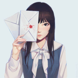 Rule 34 | 1girl, bad id, bad pixiv id, black eyes, blue background, brown hair, close-up, closed mouth, envelope, fumino aya, long hair, looking at viewer, miura-n315, root letter, sailor collar, school uniform, solo, wax