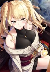 Rule 34 | 1girl, backless outfit, bandaid, bandaid on cheek, bandaid on face, bare shoulders, belt, black shirt, black shorts, blonde hair, blush, breasts, closed mouth, cup, granblue fantasy, highres, igayan, large breasts, layered clothes, long hair, long sleeves, looking at viewer, monika weisswind, off-shoulder shirt, off shoulder, shirt, shorts, sitting, smile, solo, swept bangs, thighs, twintails, white shirt, yellow eyes