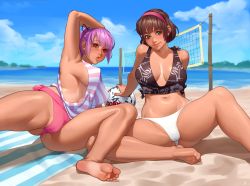 Rule 34 | 2girls, arm support, ayane (doa), ball, barefoot, beach, blue eyes, breasts, brown hair, cleavage, dead or alive, dead or alive xtreme, dead or alive xtreme 3 fortune, dead or alive xtreme beach volleyball, feet, headband, hitomi (doa), kairunoburogu, large breasts, lips, looking at viewer, multiple girls, navel, ocean, parted lips, pink hair, purple hair, red eyes, short hair, sideboob, sitting, smile, soles, spread legs, tan, tanline, thighs, toenails, toes, volleyball (object), volleyball net