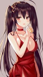 Rule 34 | 1girl, absurdres, ahoge, alcohol, azur lane, bad id, bad pixiv id, black hair, blush, breasts, champagne, champagne flute, choker, cleavage, collarbone, cup, dress, drink, drinking glass, grey background, highres, large breasts, long hair, looking at viewer, official alternate costume, open mouth, red choker, red dress, red eyes, shaffelli, simple background, sleeveless, sleeveless dress, solo, taihou (azur lane), taihou (forbidden feast) (azur lane), twintails