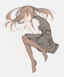 Rule 34 | 1girl, ^ ^, black dress, black pantyhose, brown hair, closed eyes, closed mouth, dress, fetal position, from side, full body, grey background, hair spread out, hands up, knees together feet apart, long hair, long sleeves, lying, medium dress, nakatani nio, nanami touko, no shoes, official art, on side, pantyhose, pinafore dress, pleated dress, profile, school uniform, simple background, sleeping, sleeveless dress, solo, straight hair, yagate kimi ni naru