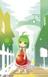 Rule 34 | 1girl, ahoge, dress, full body, green eyes, green hair, holding, lino-lin, looking at viewer, matching hair/eyes, original, red dress, short hair, smile, solo, standing, tomato