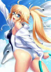Rule 34 | 1girl, 2others, ahoge, ass, blonde hair, blue eyes, blue sky, cloud, competition swimsuit, cowboy shot, day, dolphin, fate/grand order, fate (series), glasses, highleg, highleg swimsuit, highres, hoop, jacket, jeanne d&#039;arc (fate), jeanne d&#039;arc (ruler) (fate), jeanne d&#039;arc (swimsuit archer) (fate), jeanne d&#039;arc (swimsuit archer) (second ascension) (fate), multiple others, one-piece swimsuit, open mouth, outdoors, ponytail, sky, smile, swimsuit, teeth, twintails, upper teeth only, whistle, whistle around neck, white jacket, white one-piece swimsuit, zen
