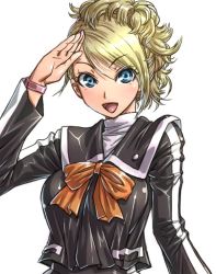 Rule 34 | 1girl, amania orz, atlus, blonde hair, blue eyes, bow, lisa silverman, looking at viewer, open mouth, persona, persona 2, persona 2 tsumi, salute, school uniform, sega, shiny clothes, solo, upper body, white background