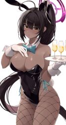 Rule 34 | 1girl, absurdres, animal ears, bare shoulders, black hair, blue archive, blue bow, bow, breasts, champagne flute, cleavage, closed mouth, covered navel, cowboy shot, cup, dark-skinned female, dark skin, detached collar, drinking glass, fake animal ears, fake tail, fishnet pantyhose, fishnets, floating hair, gloves, halo, hands up, high ponytail, highleg, highleg leotard, highres, holding, holding tray, karin (blue archive), karin (bunny) (blue archive), large breasts, leotard, long hair, looking at viewer, official alternate costume, pantyhose, playboy bunny, ponytail, rabbit ears, rabbit tail, shiny clothes, shiny skin, side-tie leotard, simple background, solo, su901, tail, tray, very long hair, white background, white gloves, white wrist cuffs, wide hips, wrist cuffs, yellow eyes