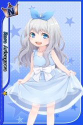 Rule 34 | 1boy, arisugawa rara, blue dress, blue eyes, blush, card (medium), character name, crossdressing, dress, hair ribbon, highres, i-chu, jewelry, long hair, male focus, necklace, official art, open mouth, pearl necklace, ribbon, silver hair, skirt hold, smile, solo, trap