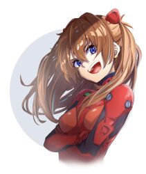 Rule 34 | 1girl, absurdres, artist request, blue eyes, bodysuit, breasts, brown hair, crossed arms, hair between eyes, hair ornament, highres, interface headset, large breasts, long hair, neon genesis evangelion, open mouth, pilot suit, plugsuit, red bodysuit, skin tight, smile, solo, souryuu asuka langley, two side up, very long hair, white background