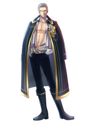 Rule 34 | 1boy, abs, absurdres, badge, belt, black footwear, black jacket, black pants, boots, clenched hand, full body, gloves, grey hair, highres, izumi (stardustalone), jacket, jacket on shoulders, looking at viewer, male focus, medal, monocle, navel, open clothes, original, pants, short hair, simple background, solo, standing, tachi-e, white background, white gloves
