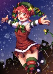 Rule 34 | 1girl, :3, bell, beret, blush, bow, chanpotei, christmas, christmas lights, commentary, detached sleeves, dress, drill hair, english commentary, fake tail, fang, full body, fur collar, gradient hair, green hair, hat, hat ornament, highres, jingle bell, jumping, kasane teto, looking at viewer, multicolored hair, night, night sky, open mouth, outstretched arms, pink hair, plaid, plaid dress, pom pom (clothes), red eyes, short dress, sky, sleeveless, sleeveless dress, smile, snowflakes, solo, star (sky), star (symbol), star hat ornament, starry sky, striped clothes, striped thighhighs, tail, tail bell, tail ornament, thighhighs, twin drills, utau