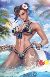 Rule 34 | 1girl, abs, ball, bare shoulders, breasts, brown eyes, brown hair, capcom, chun-li, divineimmortality, earrings, flower, flower on head, highres, jewelry, large breasts, lips, nails, palm tree, parted lips, realistic, rock, street fighter, swimsuit, thighs, tree, water, water drop, wet
