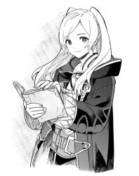 Rule 34 | 1girl, book, closed mouth, coat, commentary request, fire emblem, fire emblem awakening, greyscale, highres, holding, holding book, kitano ririo, long hair, long sleeves, looking at viewer, monochrome, nintendo, open book, robin (female) (fire emblem), robin (fire emblem), smile, solo, twintails, upper body, wide sleeves